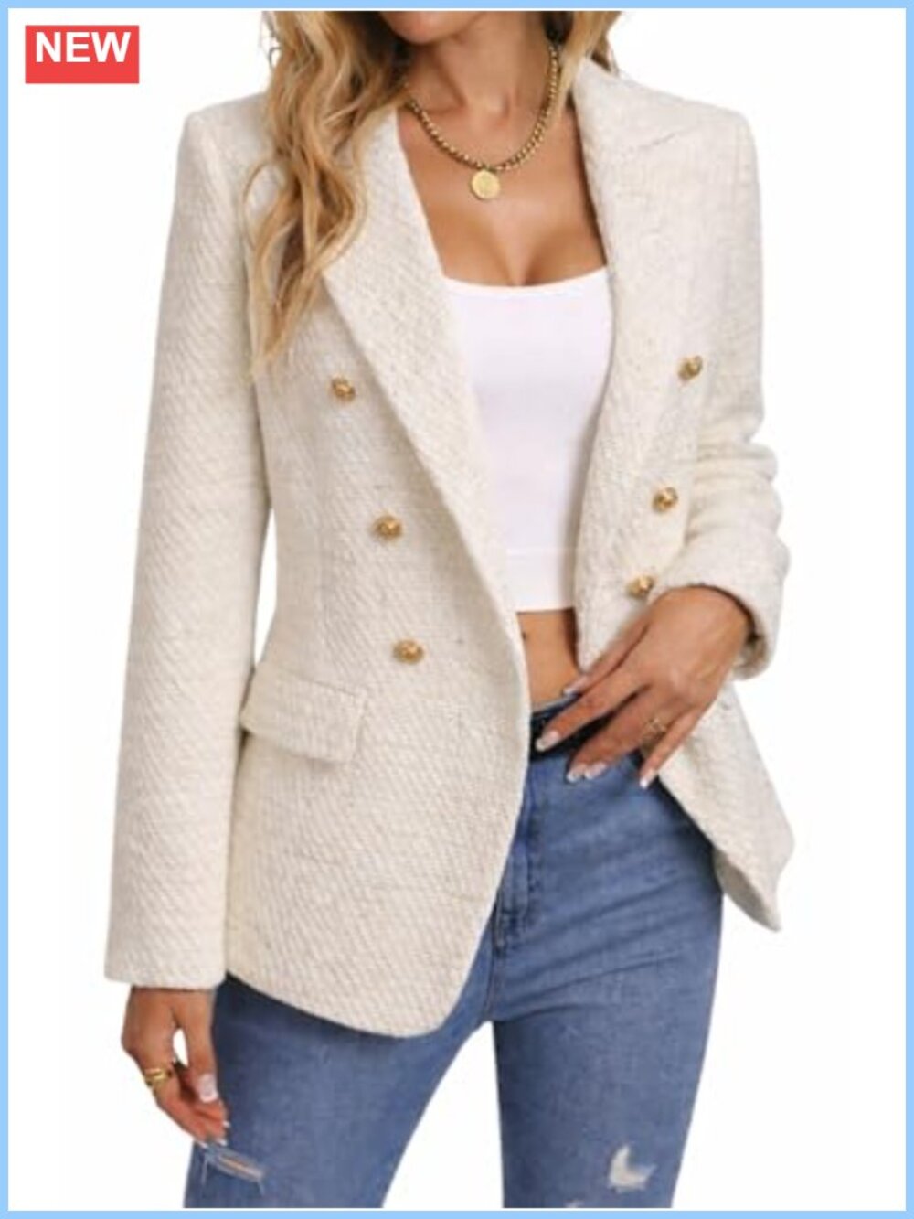 Women's Tweed Plaid Blazer Relaxed Fit Peaked Lapel Double-Breasted Work Jacket